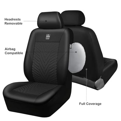 CAR PASS Deluxe Faux Leather Car Seat Covers 2 Front Seats Only, 3D Tyre Embossed Waterproof Front seat Covers, Airbag Compatible, Durable Universal Fit Seat Covers for SUV Truck Automotive (Black) - color: Black