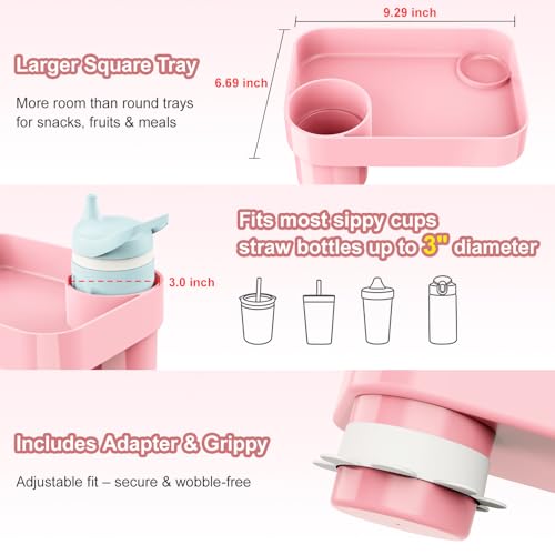 Car Seat Snack Tray for Toddlers - 3 Inch Cup Holder Fits Most Sippy Cups & Straw Bottles with Dip Well, Mess-Free Square Kids Travel Tray Road Trip Essentials, Pink - color: Pink