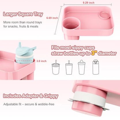 Car Seat Snack Tray for Toddlers - 3 Inch Cup Holder Fits Most Sippy Cups & Straw Bottles with Dip Well, Mess-Free Square Kids Travel Tray Road Trip Essentials, Pink - color: Pink