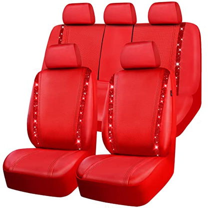 CAR PASS Bling Diamond Car Seat Covers Full Set, Shining Rhinestone Waterproof Faux Leather, Rear with Zipper, Universal Fit Automotive Glitter Crystal Sparkle Strips for Cute Women Girl, Red - color: Red Leather, size: Full Set