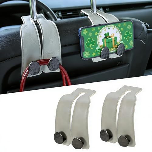 2PCS Leather Car Seat Hooks for Headrest, Vehicle Hanger Storage Organizer Universal for Handbag Purse, Car Accessories Gift (Grey-Black) - color: Grey-Black