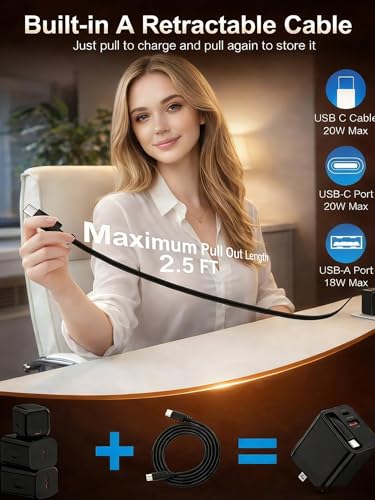Retractable Car Charger USB-C for Samsung Galaxy S26 Ultra S26+ S25 S24 Apple iPhone 17e 17 Pro Max 16 Air, 47W Fast Car Charger Adapter + 35W Foldable Wall Plug - USB C Charging with Built-in Cables - color: Wall + Car Kit-Black