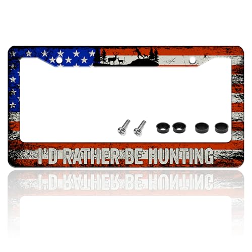 I'd Rather Be Hunting License Plate Frame Retro American Flag License Plate Holder for Front or Rear Car Tags Durable Stainless Steel Car Funny Decoration with Screws 6.3 X 12.2 Inch for Men Women - color: I'D Rather Be Hunting