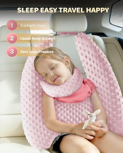Memory Foam Kids Travel Pillow, Car Pillow for Kids, H-Shape Car Pillows for Sleeping, Removable Pillowcase, Adjustable, Velvet Dots, Pink - color: Velvet Dots Pink