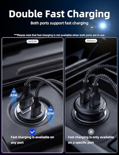 AKESR 65W USB C Car Charger Fast Charging，12V USB Outlet Accesorios para Carro，Cigarette Lighter USB Charger，Car Phone Charger for iPhone/17/16/15/14/13 Samsung S25 S24 S23Google Android