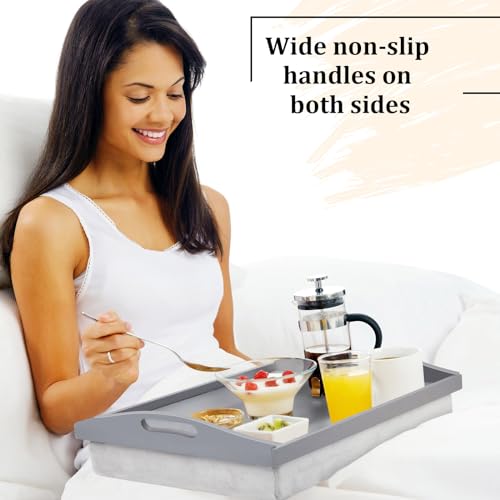 Tioncy 1 Piece Bamboo Lap Tray with Detachable Pillow 16.9'' x 13'' Lap TV Trays Desk with Handles for Adults Eating in Recliner Breakfast Housewarming Gift (Grey) - color: Gray