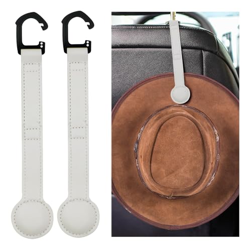 2 Pack Cowboy Hat Holder for Truck, Leather Magnetic Cap Clip, Truck Car Seat Hat Organizer Accessories for Men and Women, Suitable for Car, SUV, Pickup Seat Back Headrest Hat Clip Storage (White) - color: White