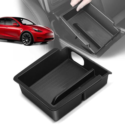 YHTAUTO Center Console Organizer Tray Fit for Tesla Model 3 2021 2022 2023 & Model Y 2021 2022 2023 2024, Center Armrest Storage Box with Sunglass Holder Non-slip - Matt Black - color: Center Armrest