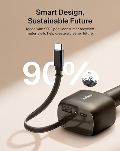Belkin USB C Car Charger 75W w/ 30in USB C Retractable Charger, Compatible with iPhone 17 & 16 Series, Galaxy S26 Series, AirPods, Tablet, MacBook, Chromebook