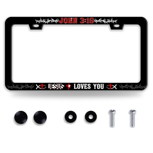 John 3:16 Jesus Loves You License Plate Frame Cross Fish License Plate Frames Funny Stainless Steel Accessories Cars Decor with 2 Holes and Screws Fits Standard Us Ca Vehicles Holder 12.2 X 6 Inch - color: John 3:16 Jesus Loves You