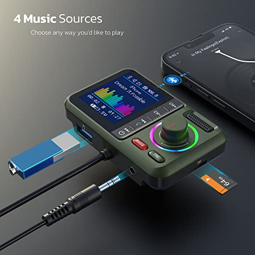 Nulaxy Bluetooth FM Transmitter for Car, Wireless Car Bluetooth Adapter with Big Color Screen, Support QC3.0 Fast Charging, Hands-Free Call, MP3 Music Player BASS&TRE Booster, TF Card AUX-KM28 Green - color: Green