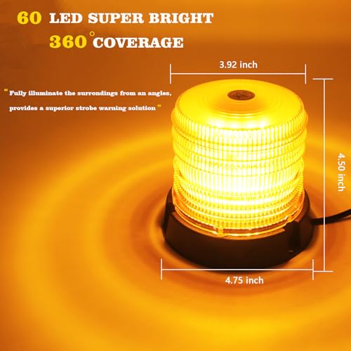 60 LED Amber Magnetic Strobe Light, 12-24V Rooftop Warning Flashing Light, Emergency Beacon Light for Pickup Truck, Forklift, Engineering Vehicles and Golf Carts - color: Yellow