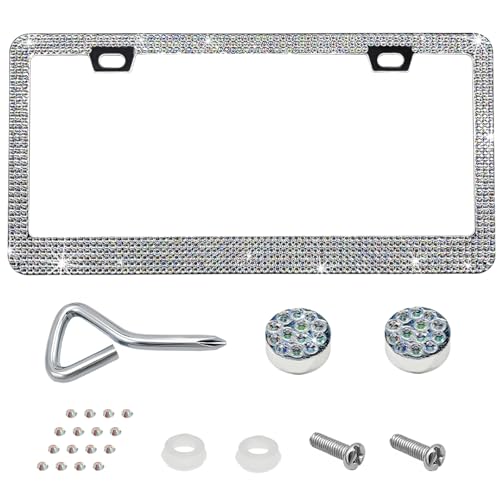 Bling License Plate Frame, Sparkly Rhinestone Car Tag Cover with Glitter Crystal Caps, Stainless Obstruction-Free Licence Plate Holder for Women Girls, Universal Car Accessories (AB) - color: AB