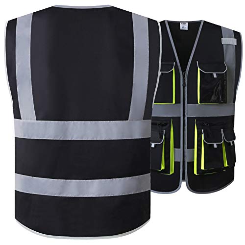 JKSafety 10 Pockets High Visibility Zipper Front Black Safety Vest with High Reflective Strips Meets ANSI/ISEA Standards (Medium, 88-Black) - color: Black, size: Medium