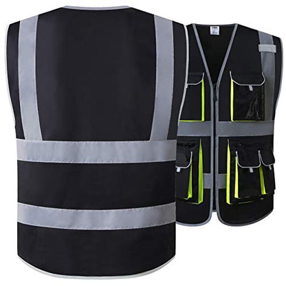 JKSafety 10 Pockets High Visibility Zipper Front Black Safety Vest with High Reflective Strips Meets ANSI/ISEA Standards (Medium, 88-Black) - color: Black, size: Medium