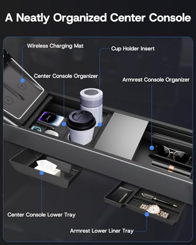 Center Console Organizer Tray for Tesla Model Y Juniper 2026 2025 (Premium & Performance), 8PCS - PC Material & Silent Silicone Armrest Storage Box Bottom Liners Wireless Charging Pad Cup Holder - size: Model Y Juniper