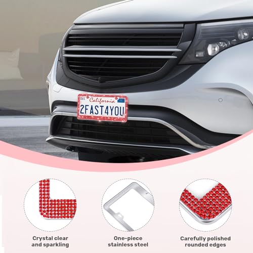 QUANQIUFEI 2 Pack Bling License Plate Frames, Sparkly Rhinestone Diamond Car License Plate Cover for Women, Stainless Steel Car Accessories with Glitter Crystal Caps (Light Siam) - color: Light Siam
