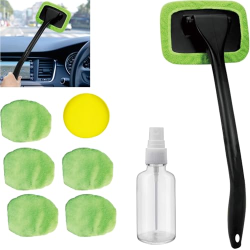8pcs Car Windshield Cleaning Tool, Windshield Cleaner with with 5 Little Microfiber Pads That can be Washed/reused, Window Cleaner Tool, for Auto Glass Wiper (Green) - color: Green