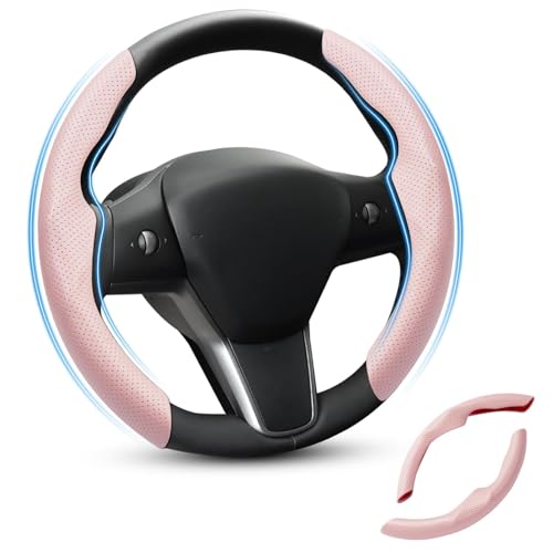 Shademax Custom-Fit for Tesla Steering Wheel Cover, Tesla Model Y / 3 2017-2025 (Fit Model Y Juniper 2026/ Model 3 Highland) Carbon Fiber Steering Wheel Cover for Tesla Model Y / 3 Accessories (Pink) - color: B-Pink