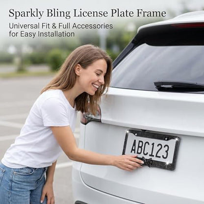 Fashion Premium Handmade Crystal License Plate Frames,Waterproof Bling License Plate Covers,US Universal Rhinestone License Plate Holder for Women(1 Frame,Black Frame Black Bowknot)