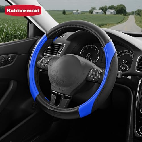 Rubbermaid Steering Wheel Cover – Universal Fit 14.5"–15" Steering Wheel Cover, Anti-Slip Grip, Breathable Leather, All-Season Protection, Interior Upgrade for Cars, Trucks, SUVs - Blue - color: Blue