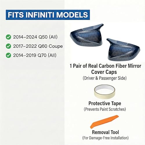 Real Carbon Fiber Side Mirror Covers Compatible with Infiniti Q50 Q50S (2014-2024), Q60 (2017-2022), Q70 (2014-2019) - Horn Style Replacement Housing Caps (Blue Honeycomb Carbon Fiber) - style: Blue Honeycomb Carbon Fiber