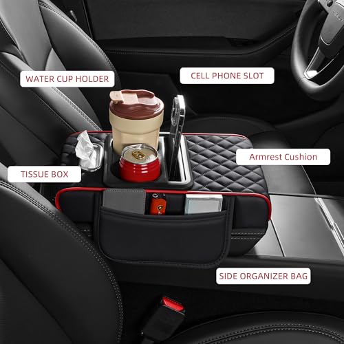 5 in 1 Car Center Console Cover, Armrest Pad with 2 Storage Pockets, Cup Holder, Tissue Box Slot, Phone Holder, Universal Car Interior Organizer (Black with Red Stitching) - color: Black with Red Stitching