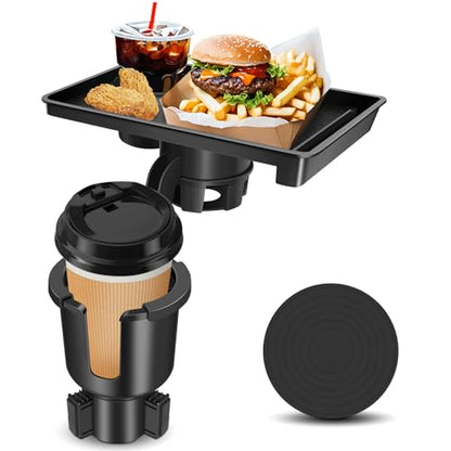JPart Car Cup Holder Tray, Cup Holder Expander, 2 in 1 Detachable Car Food Tray with 360°Rotation Tray for Eating, Storage and Travel Road Essentials, Black