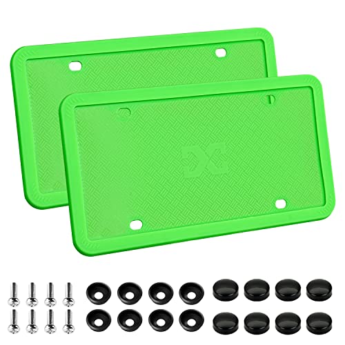 XCLPF Silicone Green License Plate Frame Covers 2 Pack- Front and Back Car Plate Bracket Holders. Rust-Proof, Rattle-Proof, Weather-Proof (Green) - color: Green