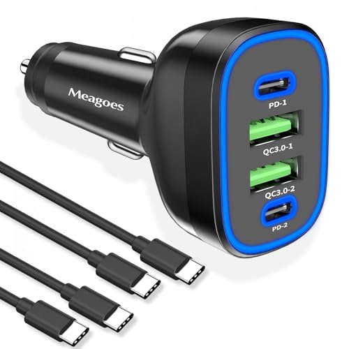 90W 4 in 1 USB C Super Fast Car Charger for iPhone 17 Pro Max/Air/16/15/iPad, Samsung S26, Pixel Android Phone, Dual 45W Type C & QC3.0, 12V Multi Port Cigarette Lighter Adapter + 2 USBC Cord 3.3ft