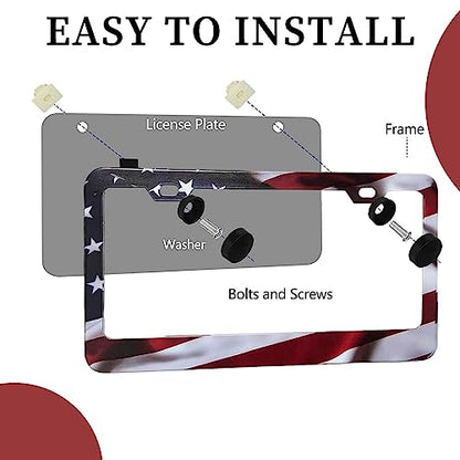 Patriotic American Flag License Plate Frame Holder - 2 Pack Universal Aluminum Matte Stripe US Flag Gloss Car Plate Frame Covers with 2 Holes and Free Screws Fasteners Caps - color: Matte American flag Narrow side A