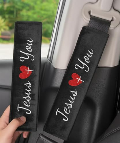 2 Pack Car Seat Strap Pads with 3 PCS Jesus Loves You Car Stickers, Universal Seatbelt Covers, Christian Car Decals for Women and Men - color: Jesus Loves You