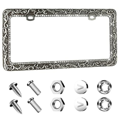 Valor Gel Metal Car License Plate Frames,Antique Old Pattern Printing, Bling Crystal Rhinestones Inlaid,Universal 2 Holes Automotive Replacement Parts Plate Holder(1 Pack) - size: 1 Pack