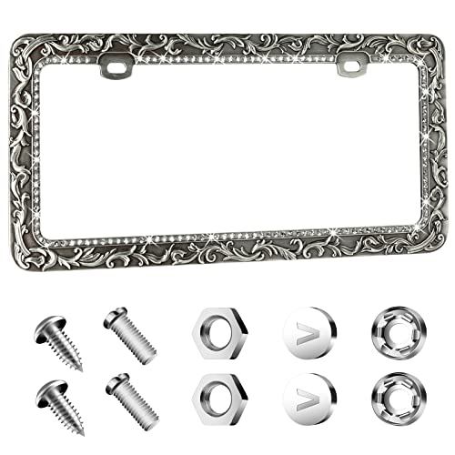 Valor Gel Metal Car License Plate Frames,Antique Old Pattern Printing, Bling Crystal Rhinestones Inlaid,Universal 2 Holes Automotive Replacement Parts Plate Holder(1 Pack) - size: 1 Pack