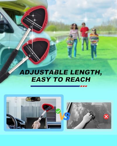 Windshield Cleaning Tool, Car Cleaner Tool with Inside Extendable Handle, Window Cleaner Brush Kit Auto Glass Wiper for Windshield with 2 Microfiber Towel Pads Home Windows, Trucks, SUV & RV - color: Red