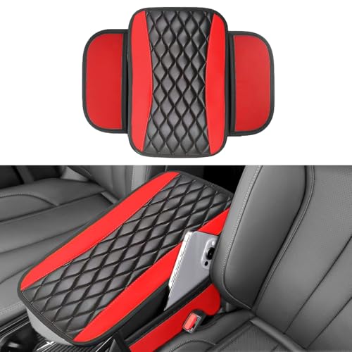 Leather Car Center Console Cover with Side Storage Pockets, Universal Leather Waterproof Armrest Pad Protector & Organizer for Cars, Vehicles, SUVs Interior Decor Stylish Car Decoration (Red) - color: Red