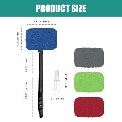 Car Windshield Cleaning Tool, Windshield Cleaner, Car Window Cleaner with 4 Washable and Reusable Cloth Pad & Long Handle, Car Accessories Auto Inside Glass Wiper Kit Universal for All Vehicles