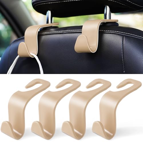 LivTee Car Seat Headrest Hook, Auto Seat Hook Hangers Storage Organizer Interior Accessories for Purse Coats Umbrellas Grocery Bags Handbag, 4-Pack - color: Beige