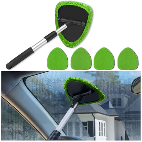 Windshield Cleaner Tool - Portable Car Interior Window Cleaning Kit with Extendable Handle, 4 Microfiber Towel Pads, Auto Glass Wiper for Windshield, Universal for RV, SUV, Truck (Green) - color: Green