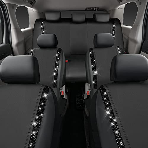 CAR PASS Bling Diamond Car Seat Covers, Shining Rhinestones Waterproof Faux Leather, 7 Seats 3 Rows with Zipper Glitter Crystal Sparkle Strips Universal Fit 95% MPV,SUV,CAR for Women Girl, Black - color: Solid Black Seven Seats, size: Full Set