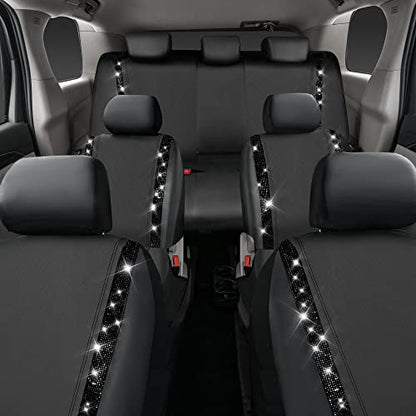 CAR PASS Bling Diamond Car Seat Covers, Shining Rhinestones Waterproof Faux Leather, 7 Seats 3 Rows with Zipper Glitter Crystal Sparkle Strips Universal Fit 95% MPV,SUV,CAR for Women Girl, Black - color: Solid Black Seven Seats, size: Full Set