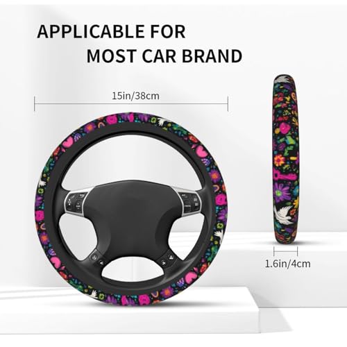 Retro Flower Peace Rainbow Love Steering Wheel Cover Elastic Non-Slip Car Steering Wheel Covers with Seat Belt Shoulder Pad for Women Men - color: Retro Flower Peace Rainbow Love
