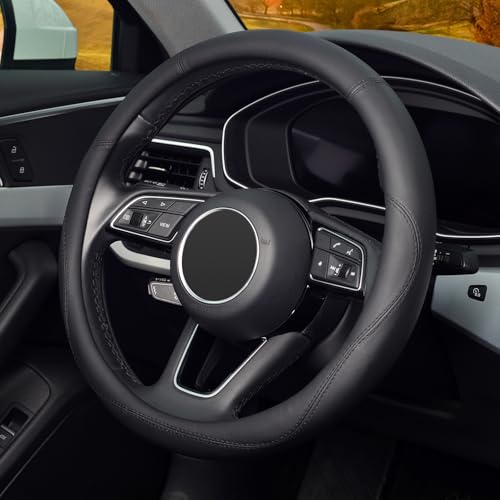KAFEEK Black Steering Wheel Cover, Universal 15 inch, Microfiber Leather Black, Soft and Odorless, Durable Leather Cover with Anti-Slip Lining - color: black1