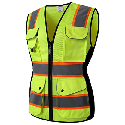 JKSafety Women Hi-Vis Reflective Safety Vest | Neon Color body Sewed Reflective Strips Breathable Lightweight ANSI Compliant - color: V168-yellow, size: X-Large