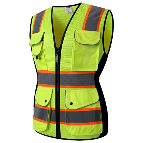 JKSafety Women Hi-Vis Reflective Safety Vest | Neon Color body Sewed Reflective Strips Breathable Lightweight ANSI Compliant - color: V168-yellow, size: Medium