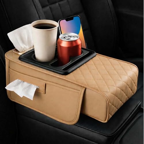 2026 Multifunctional PU Leather Car Armrest Box Mat,5-in-1 Center Console Cover with Cup Holder with 2 Storage Bags,Tissue Box Slot, Phone Slot,Universal Car Armrest Storage Bag (Beige) - color: Beige