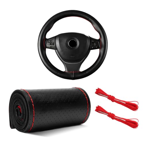 Yourkar Leather Steering Wheel Cover, 15"×15" Breathable Steering Wheel Cover DIY Kit with Needle Thread, Non-Slip Leather Stitch on Wrap Steering Wheel Protector, Car Accessories (Black & Red) - color: Black & Red, size: Perforated Design