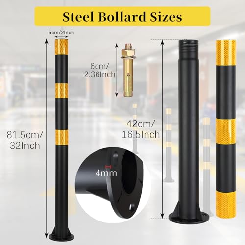Safety Bollard (32 inch) with Reflective Bands – Heavy-Duty Steel Parking Post, 2 inch Diameter, Includes Anchor Bolts, Black/Yellow - color: Black-1 Pack