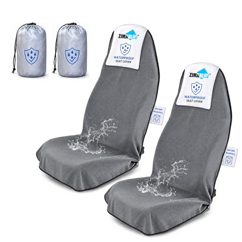 ZIMABLUE 2PC Waterproof Towel Car Seat Covers - 1kg Heavy Duty 3-Layer Microfiber Sweat Protector for Bucket Seats - Non-Slip Machine Washable Universal Fit for Gym, Yoga, Beach, Pets & Outdoors-Gray - color: Gray, size: 2 Pack Front Seats