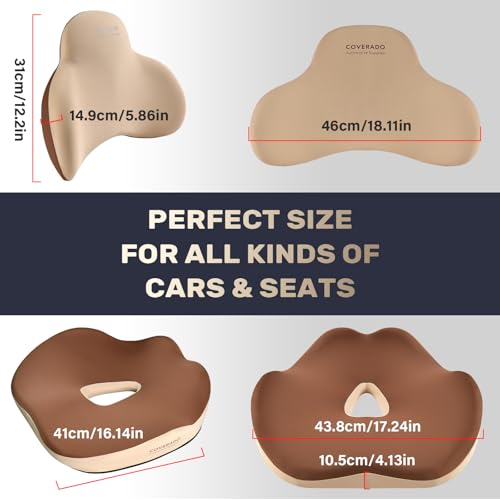 Coverado Car Seat Cushion and Lumbar Support Pillow, Memory Foam Ergonomic Back Support Driving Seat Cushion for Sciatica, Tailbone, Back Pain, Non-Slip Washable Cushion for Car, Driver, Office